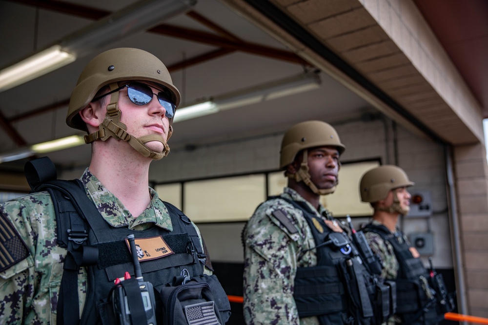 Abraham Lincoln security team stands watch during Force Protection Condition Charlie