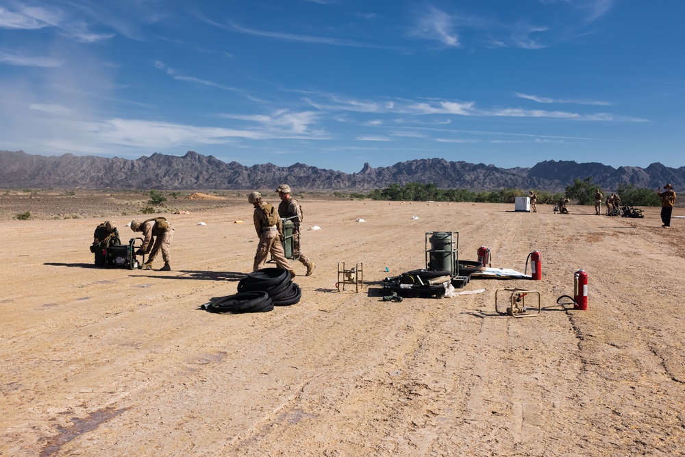 U.S. Marines set up a helicopter expeditionary fueling system