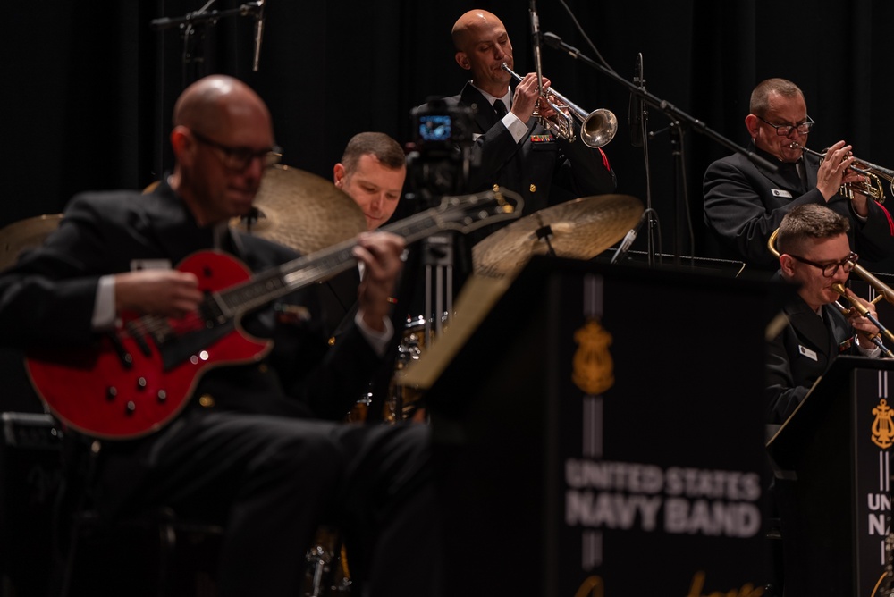 Chief Musician Jonathan Barnes performs at Troy University during the Commodores 2023 National Tour