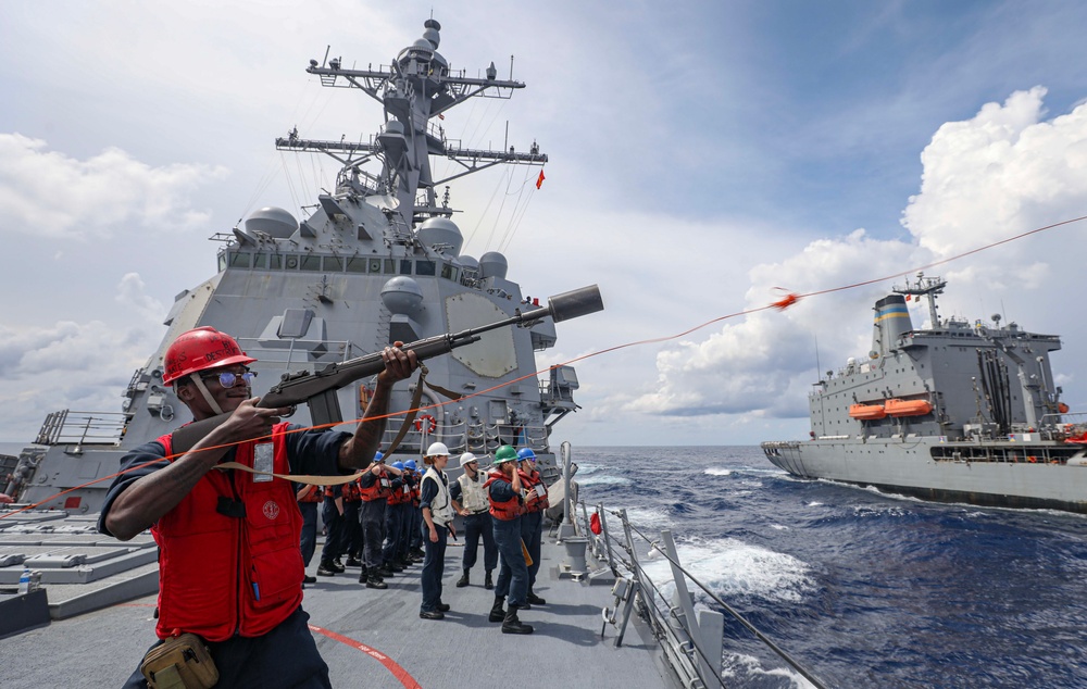 USS Dewey (DDG 105) Conducts Underway Replenishment with USNS Big Horn (T-AO 198) While Operating in the South China Sea