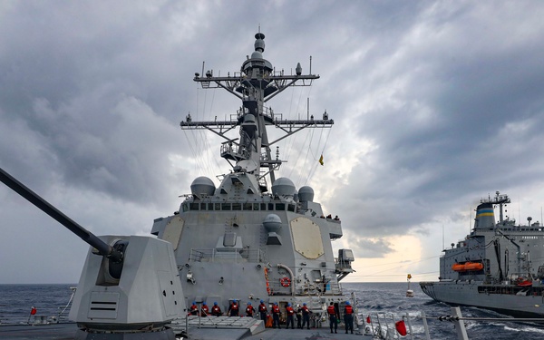 USS Dewey (DDG 105) Conducts Underway Replenishment with USNS Big Horn (T-AO 198) While Operating in the South China Sea