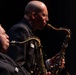 Musicians 1st Class Justin Mendez and Frank Silva have a dueling sax battle at Saenger Theater