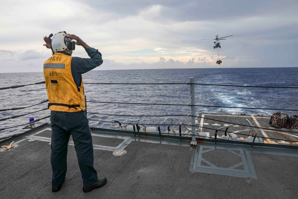 USS Shoup conducts replenishment-at-sea with USNS Tippecanoe and USNS Carl Brashear