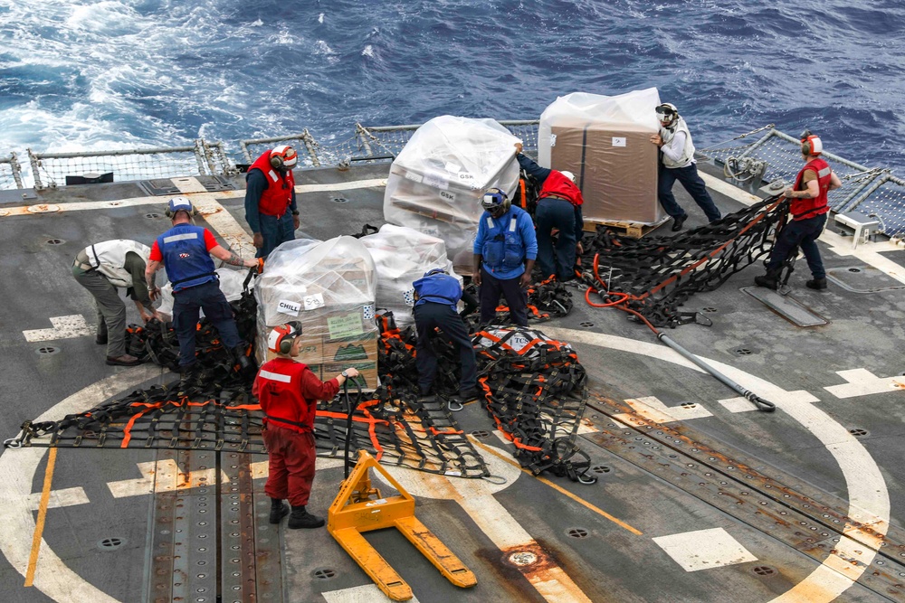 USS Shoup conducts replenishment-at-sea with USNS Tippecanoe and USNS Carl Brashear