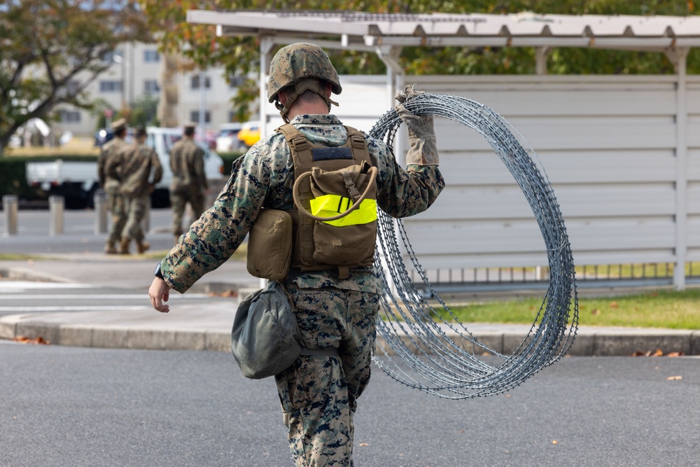 Active shield 2023; Marines set up concertina wire up around headquarters building