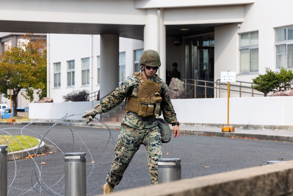 Active shield 2023; Marines set up concertina wire up around headquarters building