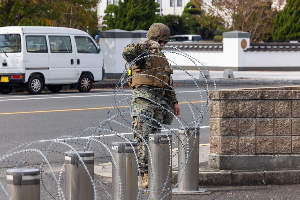 Active shield 2023; Marines set up concertina wire up around headquarters building