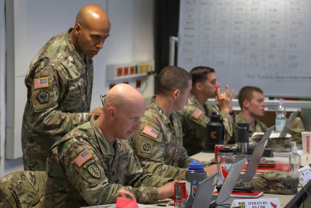 U.S. Army Maj. Brian Martin engages in a brief during the 15th EN BN CPX