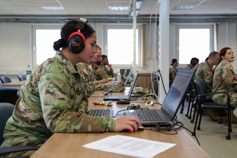 U.S. Army Spc. Olga Pina listens to Operations during the 15th EN BN CPX