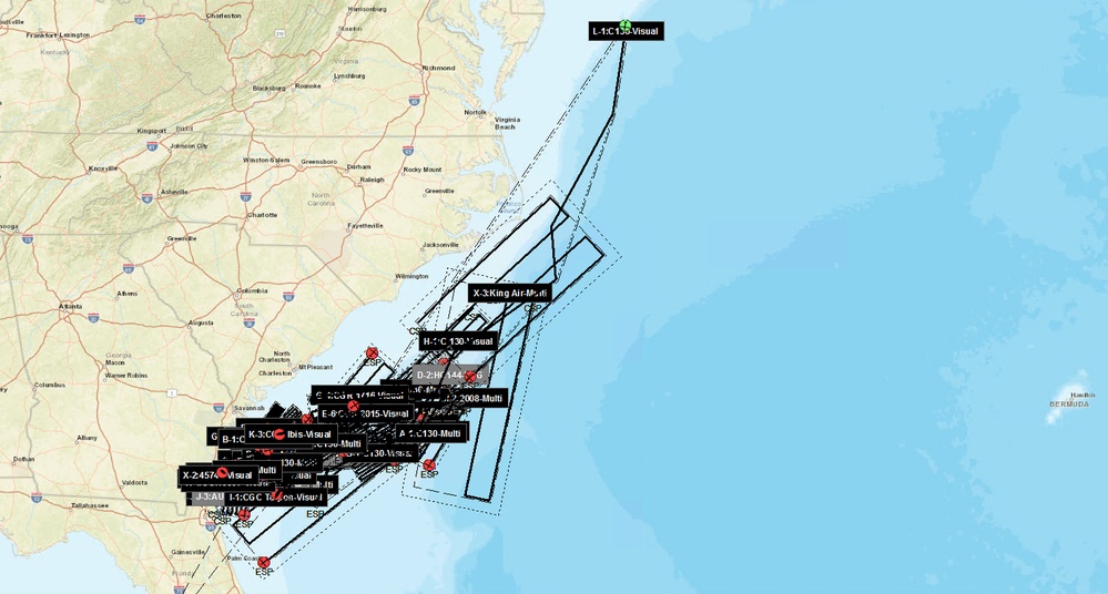 A visual representation of the search area Coast Guard and partner agency rescue crews searched for 3 people aboard the overdue 31-foot fishing vessel Carol Ann off Florida, Georgia, South Carolina, North Carolina, Virginia, and Delaware from Oct. 20, 2023, to Oct. 26, 2023. The Coast Guard initiated a search after Sector Charleston watchstanders received a report from the owner of the Carol Ann stating the vessel failed to return as scheduled. (U.S. Coast Guard photo)