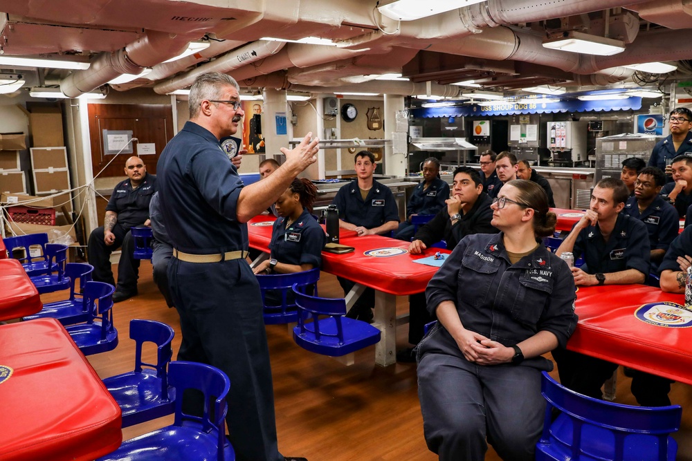 CTF 70 CMC speaks with Sailors aboard USS Shoup