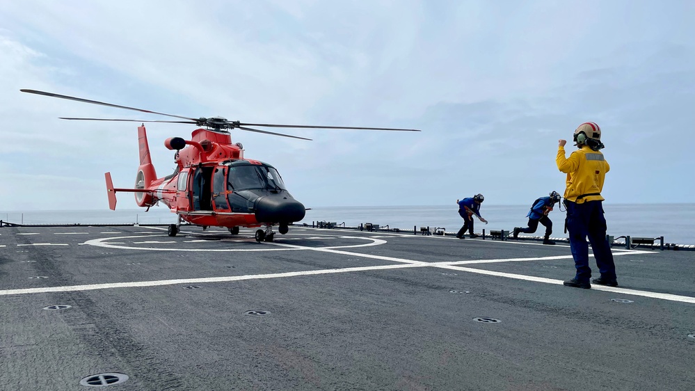 U.S. Coast Guard Cutter Waesche crews conduct flight operations in the Eastern Pacific