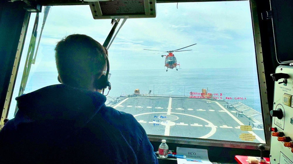 U.S. Coast Guard Cutter Waesche crews conduct flight operations in the Eastern Pacific