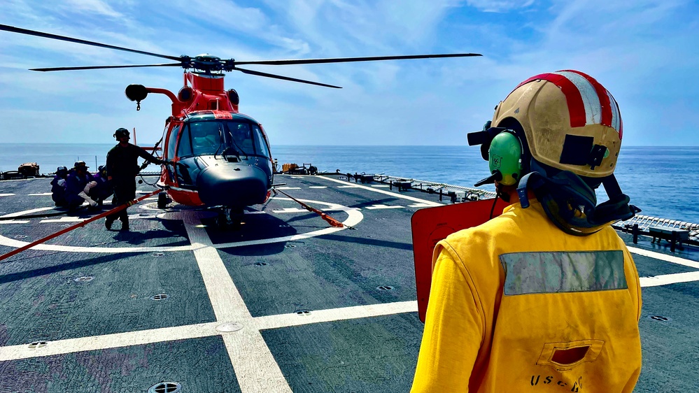 U.S. Coast Guard Cutter Waesche crews conduct flight operations in the Eastern Pacific