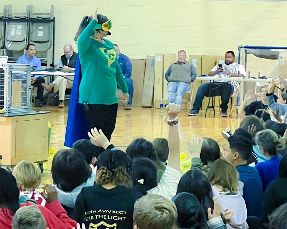 Captain Current battles The Electricity Vampires at Mahaffey Middle School