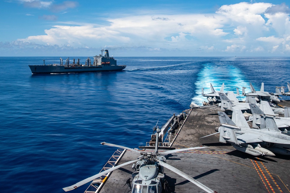 USS Ronald Reagan (CVN 76) conducts replenishment-at-sea with USNS Yukon (T-AO 202)