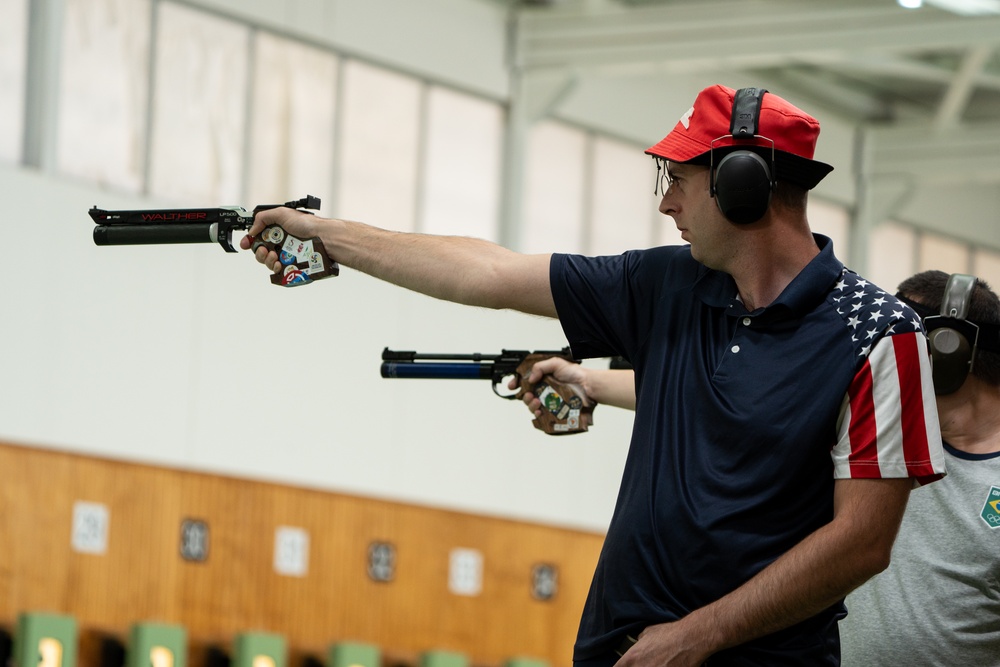 Staff Sgt. Nick Mowrer competes in the men's 10m Air Pistol in the Pan American Games