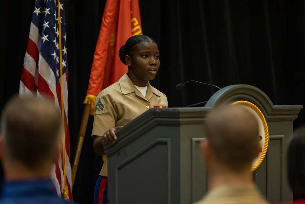 Cpl. Mehdrina Jeancharles, administrative specialist with Marine Corps Base Quantico, attends the 48th Marine Corps Marathon Press Conference