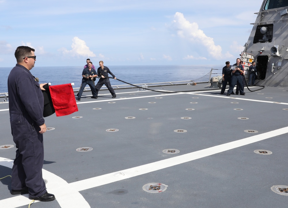 USS Mobile (LCS 26) Sailors Conduct Flight Deck Firefighting