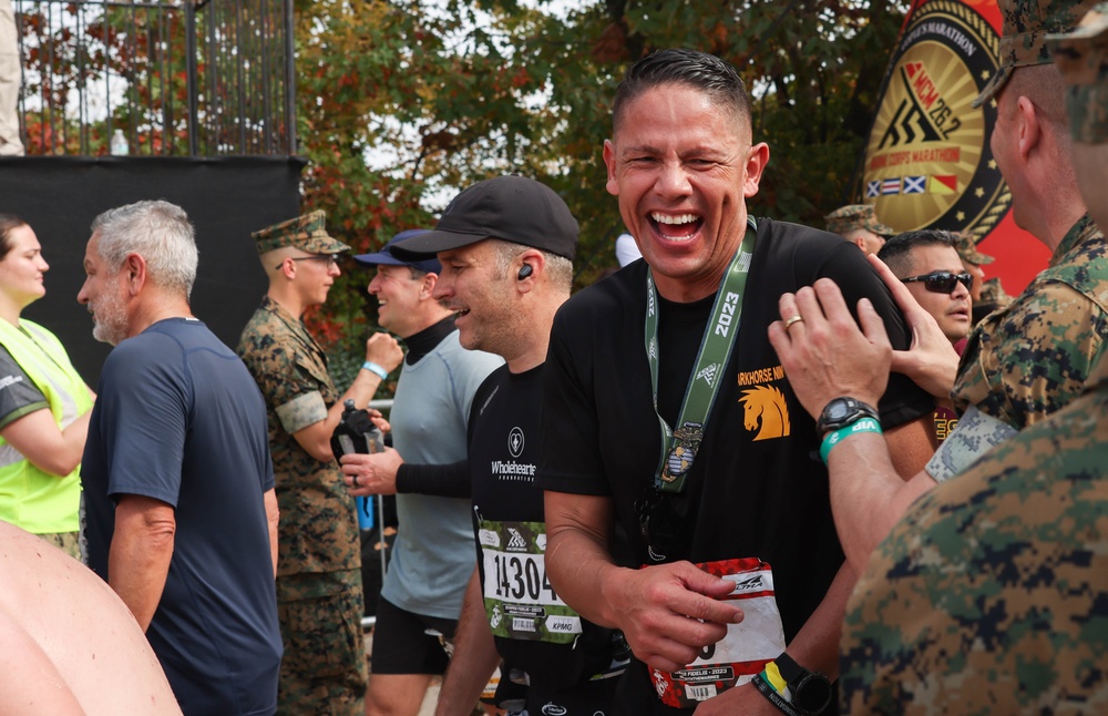 Sgt. Maj. of the Marine Corps Carlos A. Ruiz, a native of Sonora, Mexico, finishes the Marine Corps Marathon