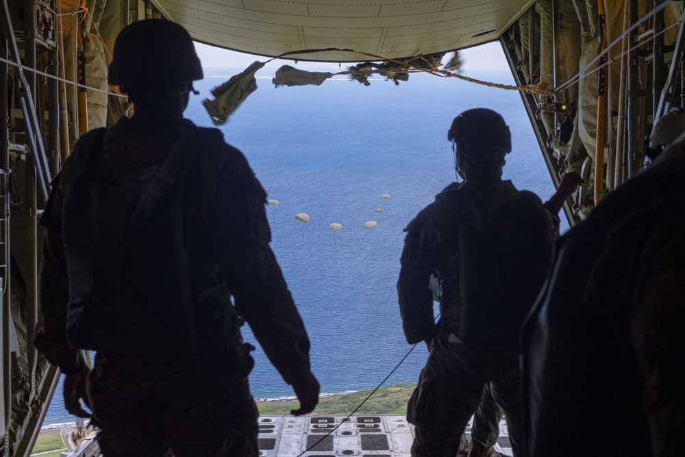 Marines, Airmen, and Soldiers Jump From C-130 Hercules