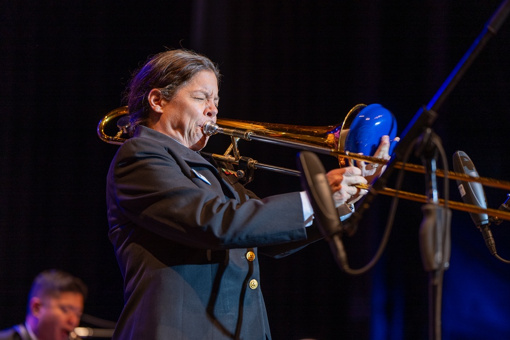 Senior Chief Musician Jennifer Kruppa performs a trombone solo at Florida Southern College