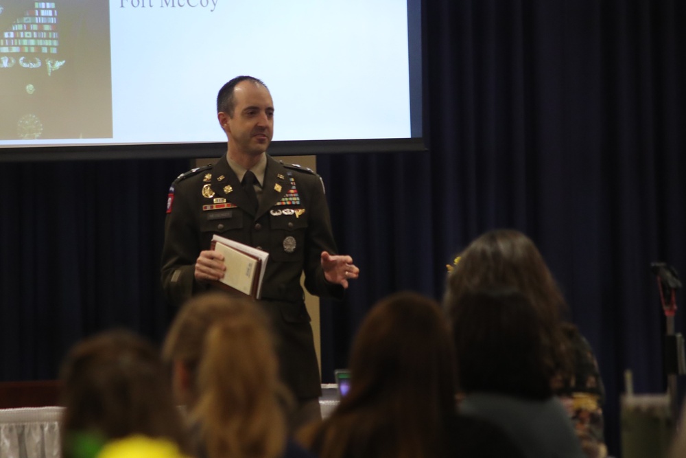 Fort McCoy Garrison commander gives a speech during Karen Kohn's retirement ceremony