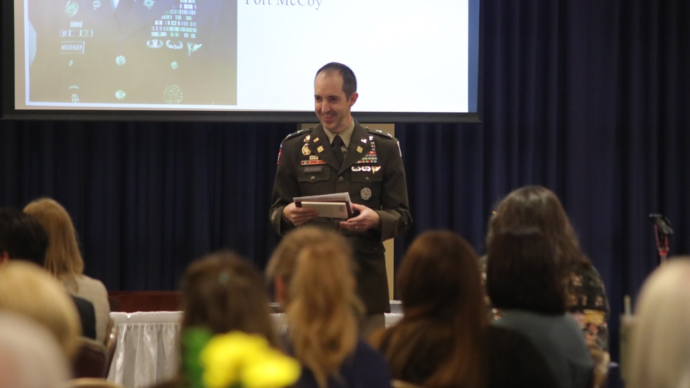 Fort McCoy Garrison commander gives a speech during Karen Kohn's retirement ceremony