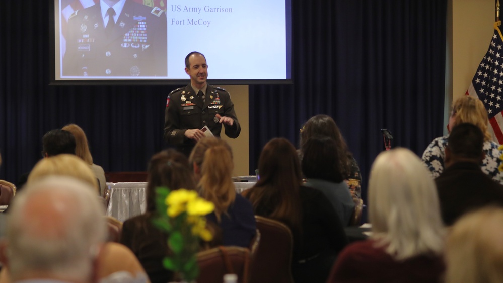 Fort McCoy Garrison commander gives a speech during Karen Kohn's retirement ceremony