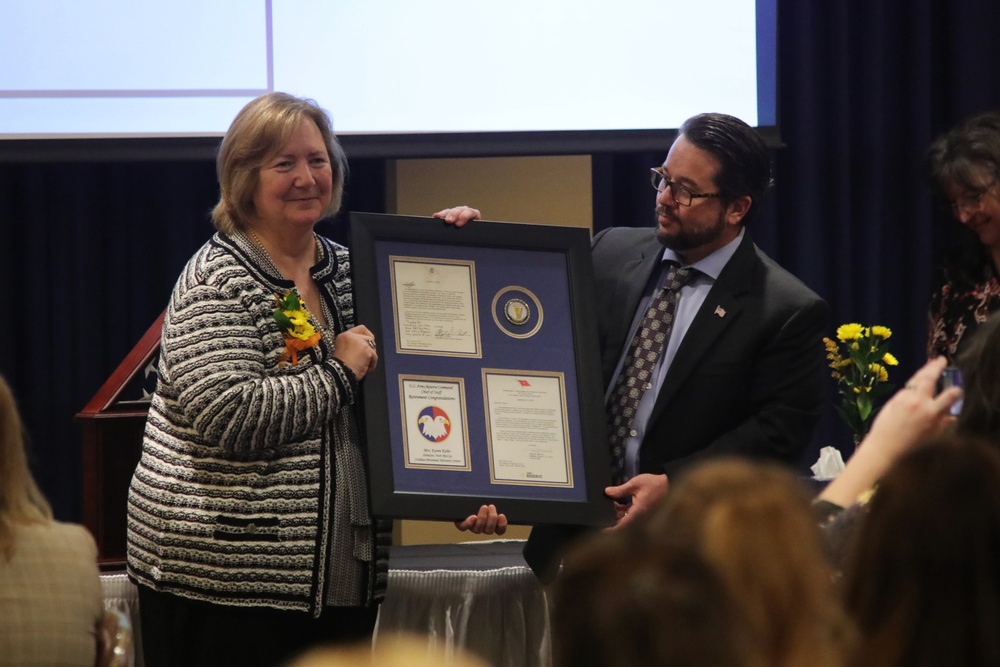 Human Resources Director Karen Kohn celebrates her career at her retirement ceremony at Fort McCoy