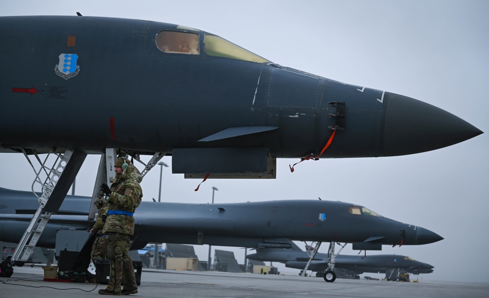 Airmen assigned to the 28th Maintenance Squadron restore a B-1B Lancer back to mission standards