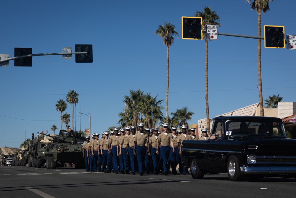 MCAGCC Marines march in Twentynine Palms’ 87th annual Pioneer Day’s Parade