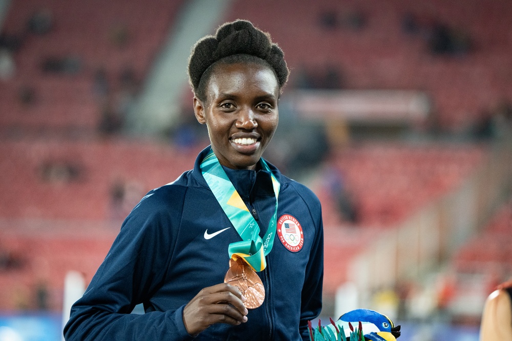 Sgt. Ednah Kurgat wins the bronze medal in the women's 10,000-meter run at the Pan American Games