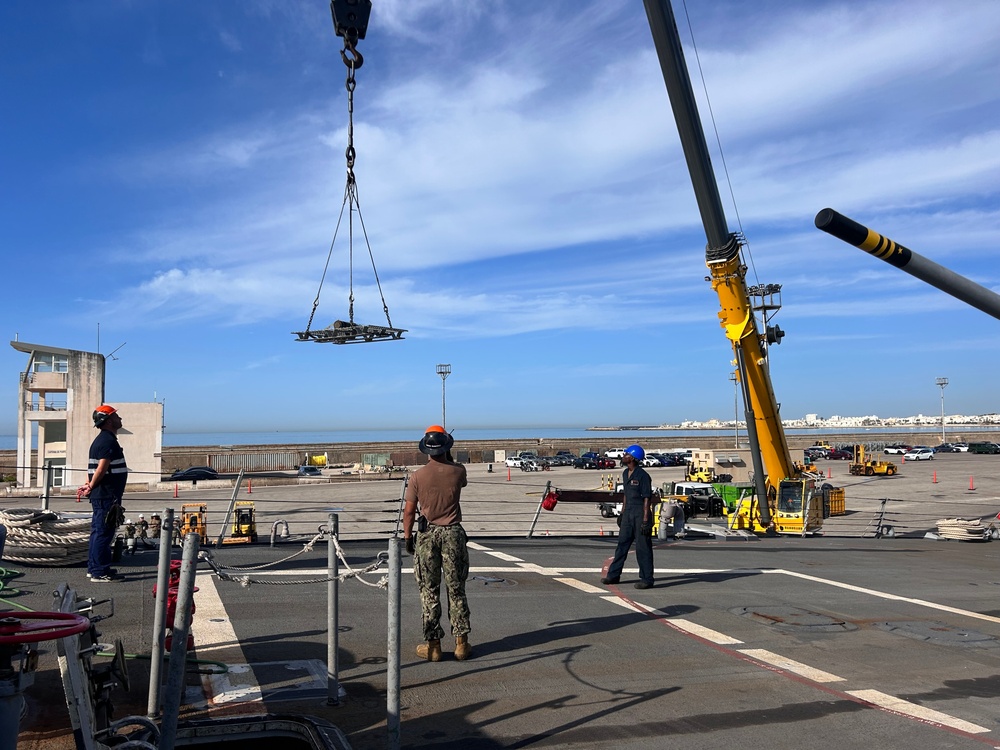 Ammunition movement aboard Arleigh Burke-class guided missile destroyer USS Bulkeley (DDG 84)