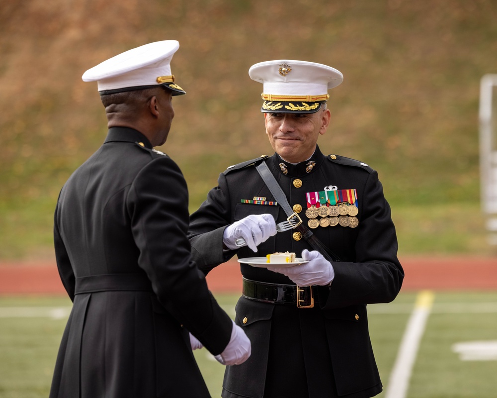 Sergeant Major of the Marine Corps attends the Marine Corps Base Quantico cake cutting ceremony as guest of honor