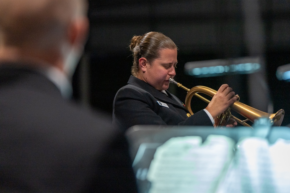 Musician 1st Class Ally Albrecht performs on the flugel horn at the MetroHealth Stadium