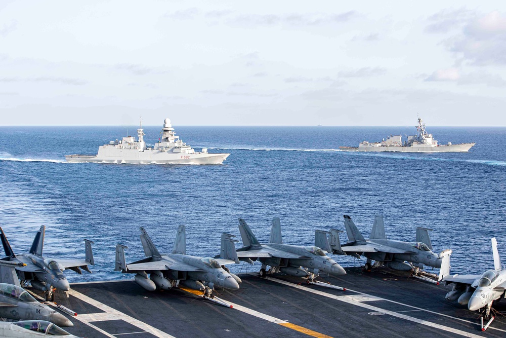 IKECSG sails alongside the Gerald R. Ford (CVN 78) Carrier Strike Group in the Mediterranean Sea