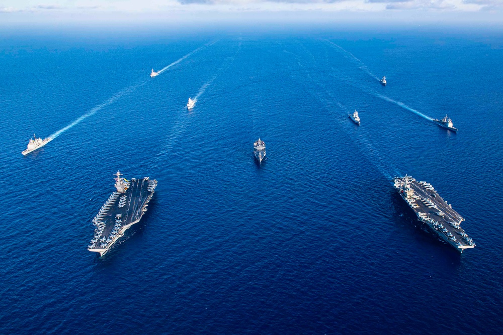 IKECSG sails alongside the Gerald R. Ford (CVN 78) Carrier Strike Group in the Mediterranean Sea