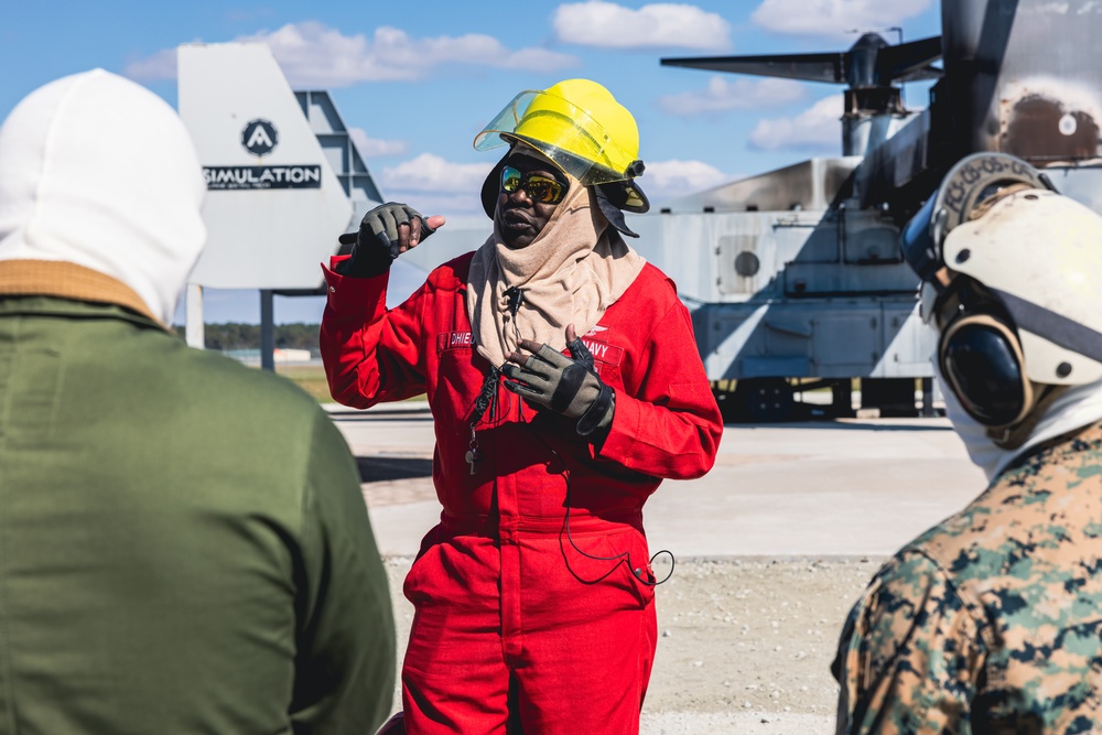 24th Marine Expeditionary Unit Aviation Combat Element train in Shipboard Firefighting