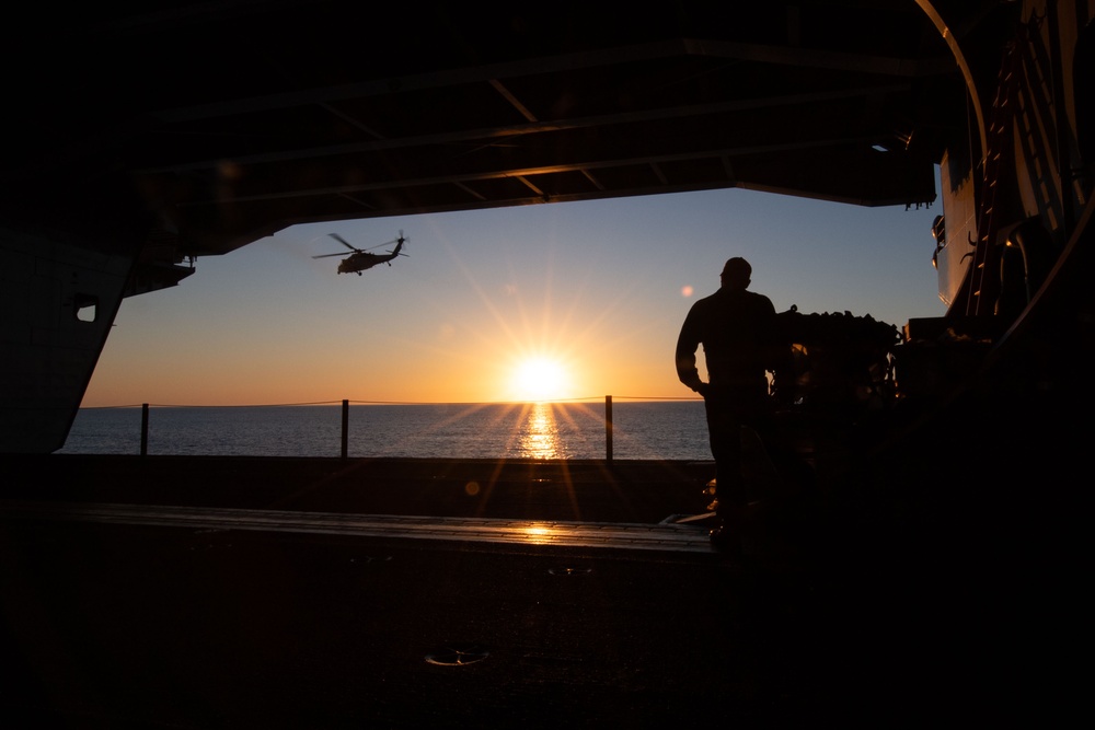 Sunset in the Hangar Bay of USS Theodore Roosevelt