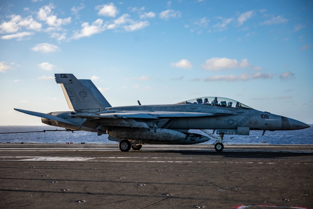 USS Ronald Reagan (CVN 76) conducts flight operations in support of Multi-Large Deck Exercise with USS Carl Vinson (CVN 70) and Japanese Maritime Self-Defense Force Hyuga-class helicopter destroyer JS Hyuga (DDH 181)