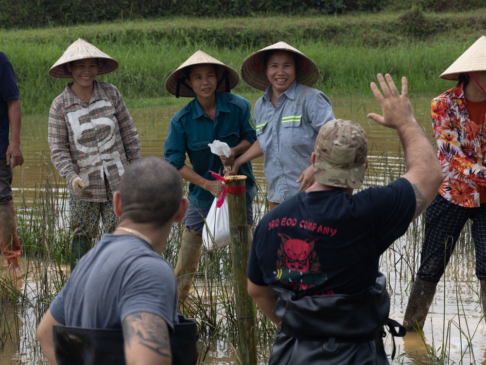 DPAA and Vietnamese locals build a cofferdam