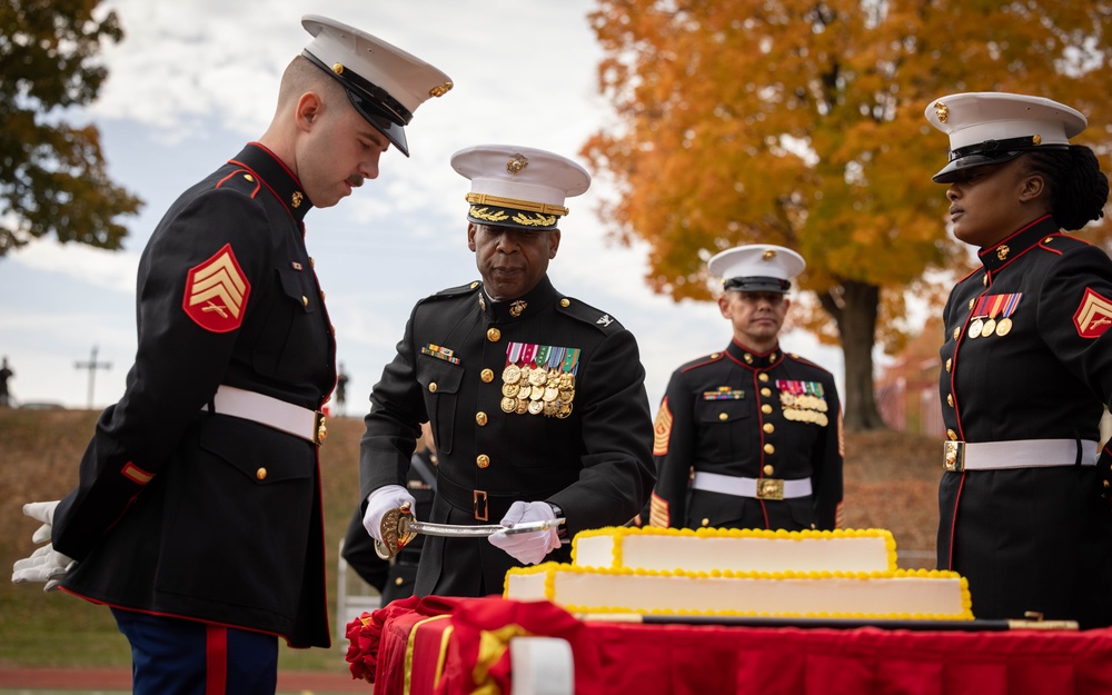 Sergeant Major of the Marine Corps attends the Marine Corps Base Quantico cake cutting ceremony as guest of honor