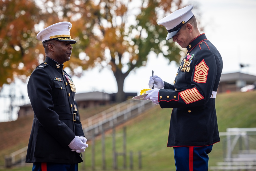 Sergeant Major of the Marine Corps attends Marine Corps Base Quantico cake cutting ceremony as guest of honor