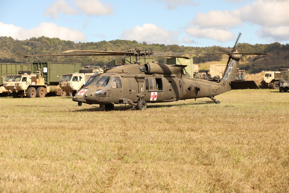 U.S. Army Soldiers with 25th Infantry Division participate in a rehearsal medical evacuation during JPMRC 24-01