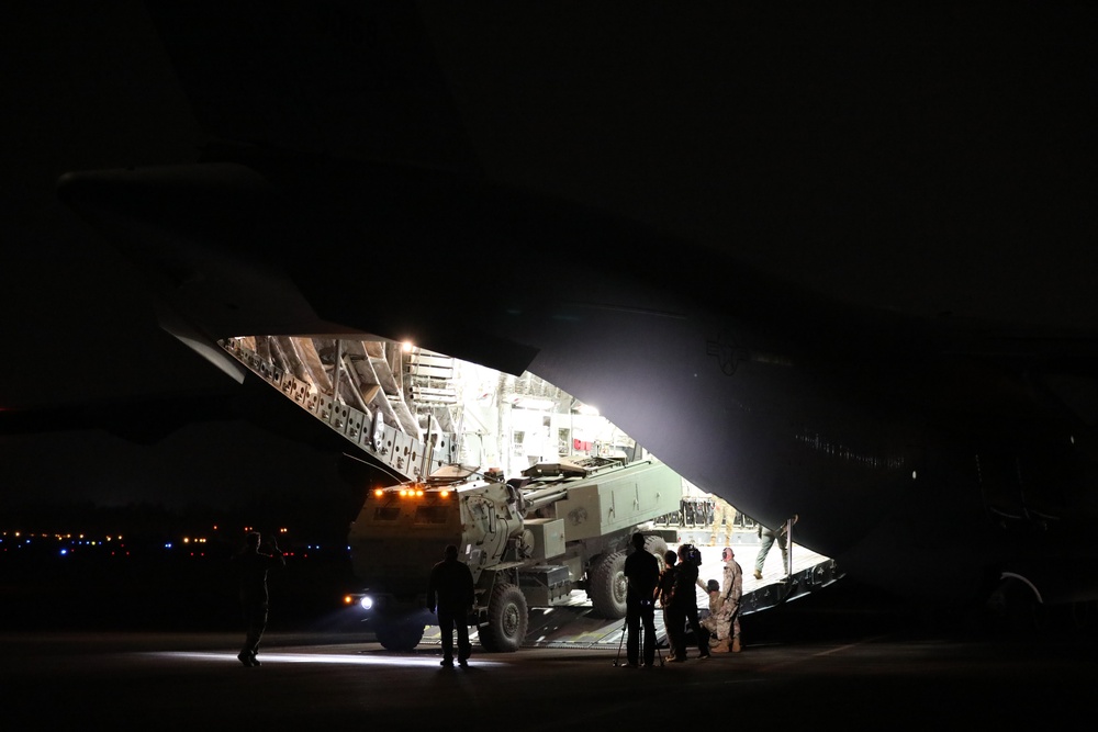 M142 HIMARS from the 3rd Multi-Domain Task Force are loaded onto a USAF C-17 in support of JPMRC 24-01.