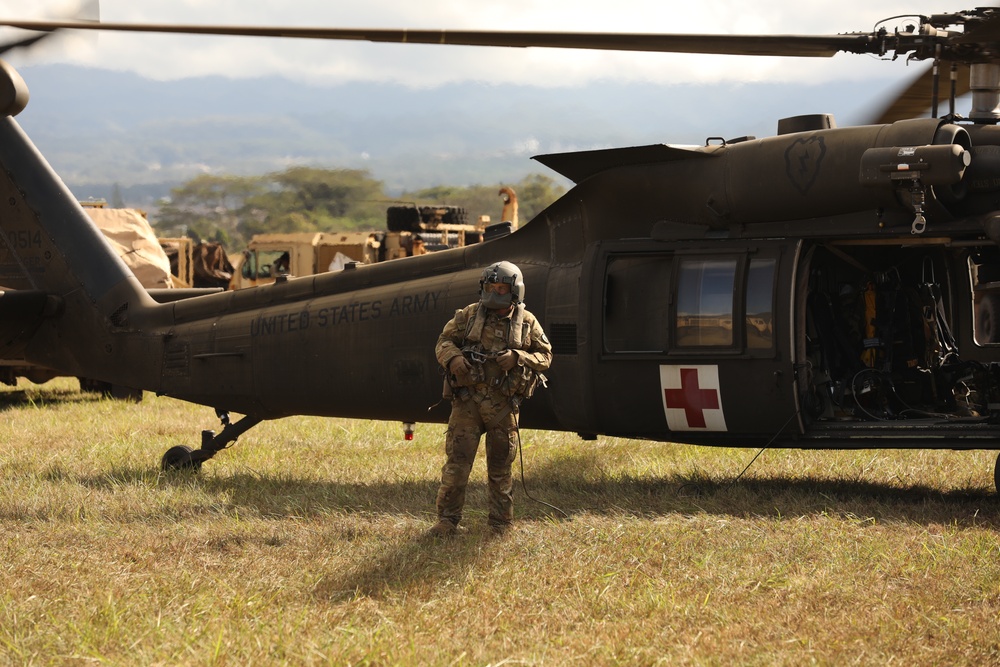 U.S. Army Soldiers with 25th Infantry Division participate in a rehearsal medical evacuation during JPMRC 24-01