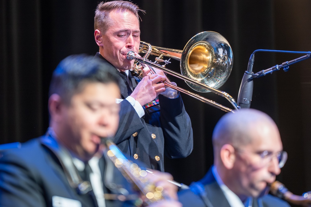 Musician 1st Class David Hagee performs a bass trombone solo at North Carolina Central University