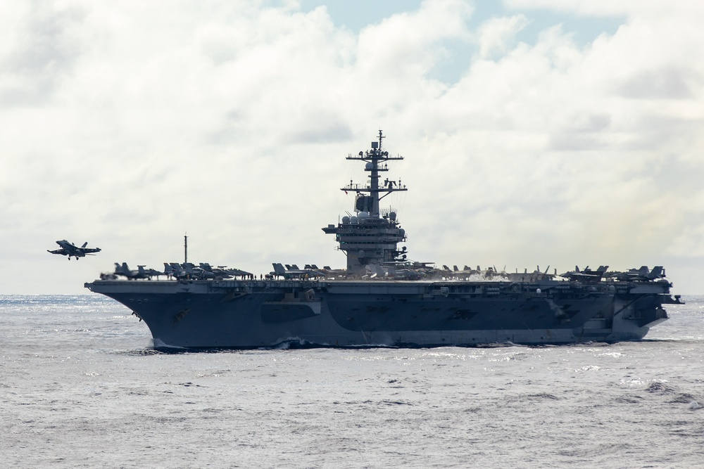 F/A-18F Super Hornett takes off from flight deck of USS Carl Vinson (CVN 70) during Multi-Large Deck Event (MLDE)