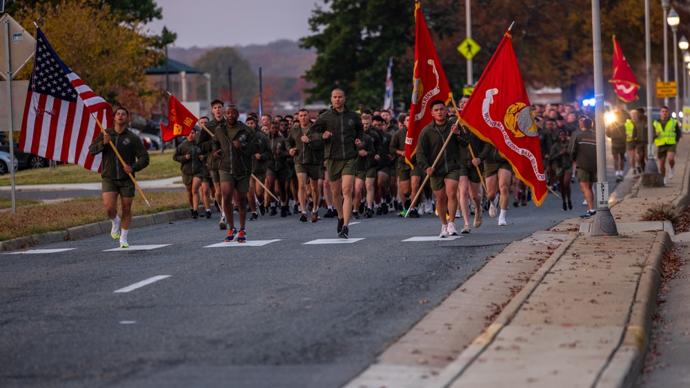 Marines stationed on Marine Corps Base Quantico celebrate the Marine Corps Birthday with a motivational run